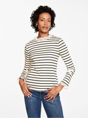 Talbots Lace Trim Crewneck Tee Ivory/Black Stripe XS MSRP $90 Preppy Office